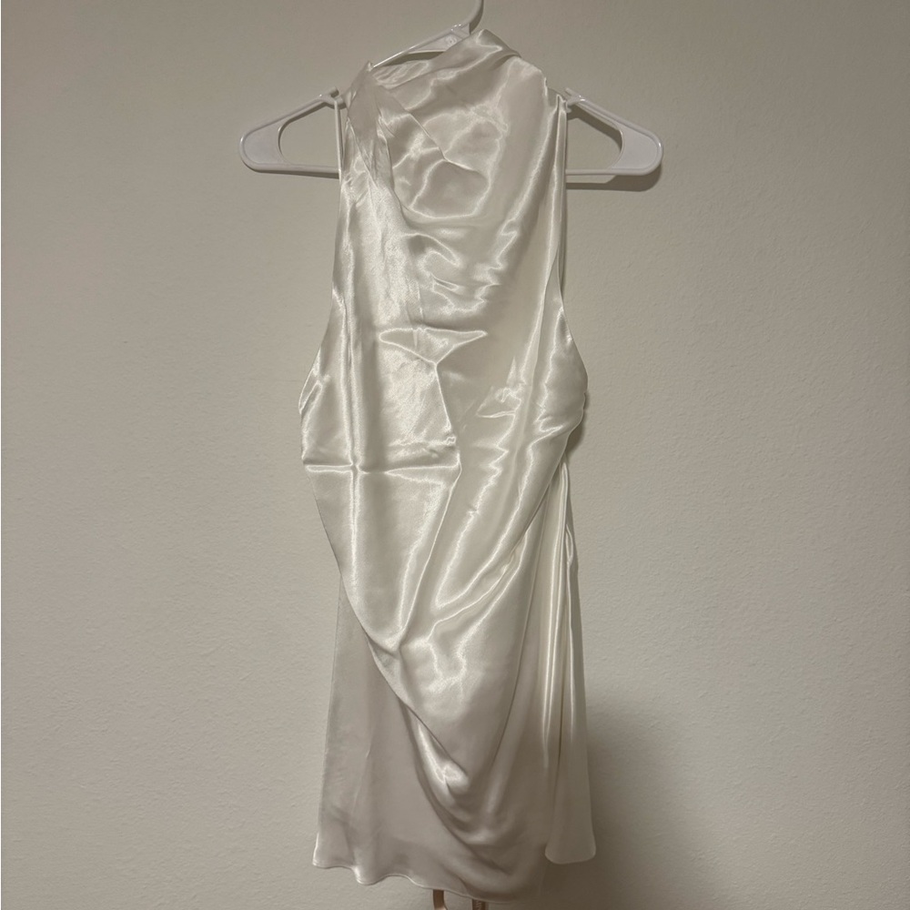 Meshki White Satin Halter Mini Dress
